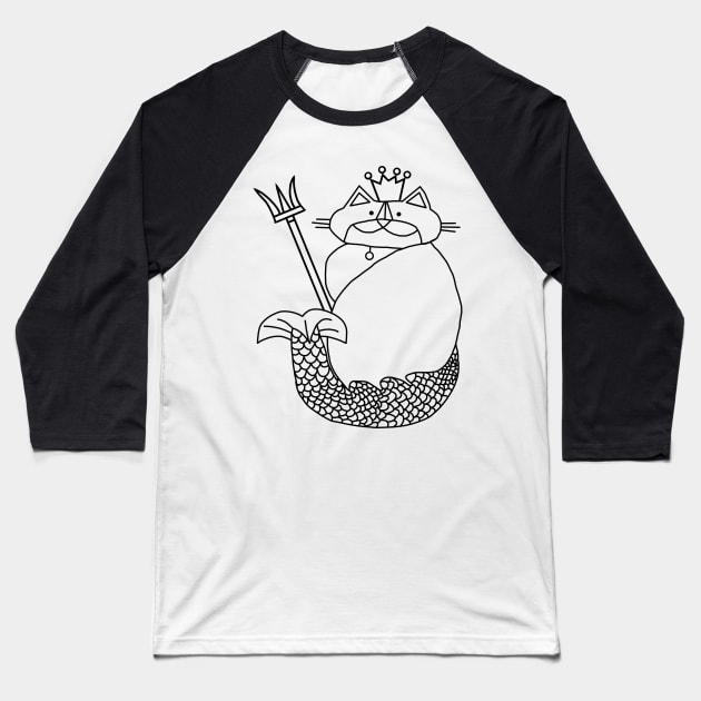 Kevin the Cat Mermaid King Black Line Drawing Baseball T-Shirt by ellenhenryart